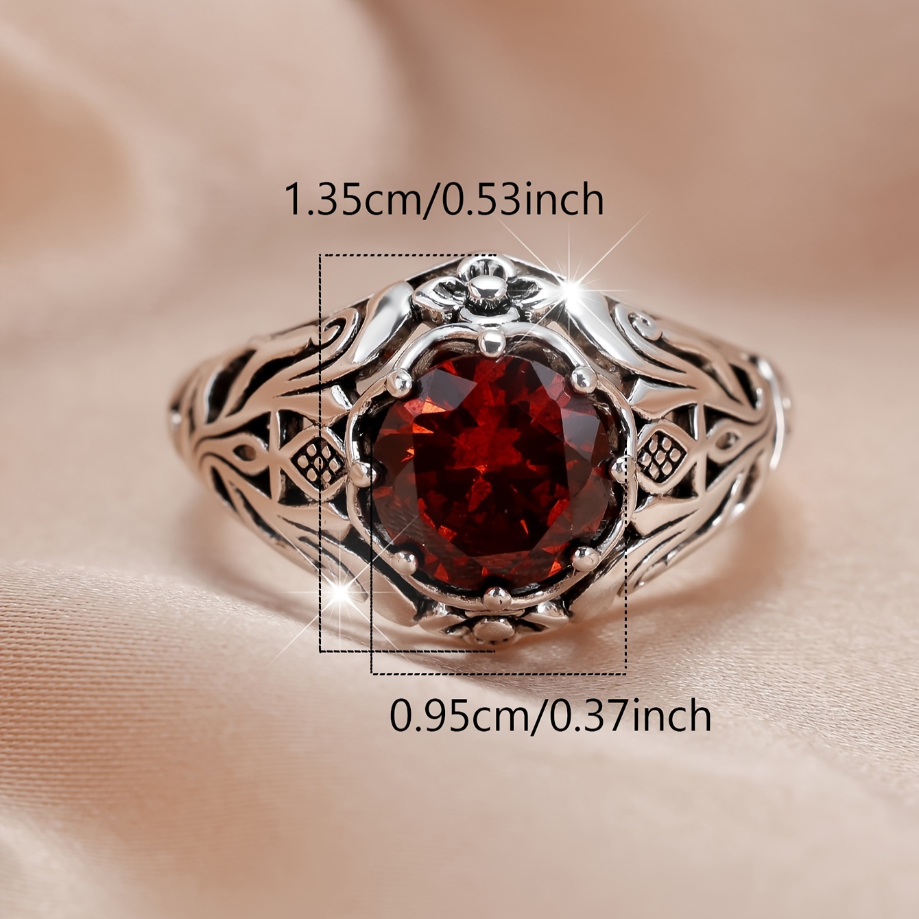 Vintage Red CZ Ring for Women Floral Pattern Jewelry